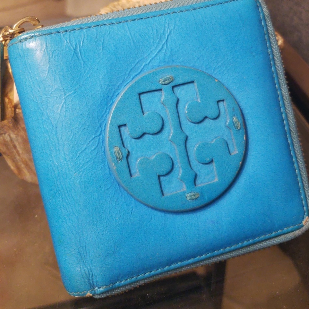 Tory Burch blue leather square zip wallet